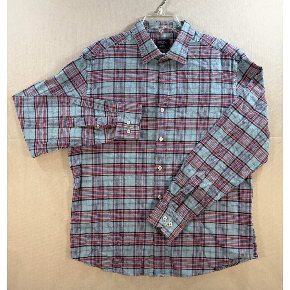 UNTUCKit Mens Large Light Blue Red Plaid Cotton Flannel Button Down Shirt